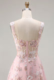 Pink Corset Sequin A Line Floral Long Prom Dress with Embroidery