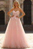 Blush Appliqued A-Line Tulle Corset Spaghetti Straps Long Prom Dress