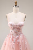Blush Appliqued A-Line Tulle Corset Spaghetti Straps Long Prom Dress