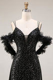 Sparkly Sequins Black Cold Shoulder Mermaid Long Prom Dress with Slit