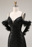 Sparkly Sequins Black Cold Shoulder Mermaid Long Prom Dress with Slit
