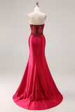 Burgundy Strapless Beading Mermaid Corset Satin Prom Dress with Slit