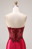 Burgundy Strapless Beading Mermaid Corset Satin Prom Dress with Slit