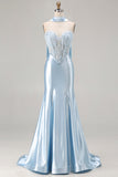 Blue Mermaid Corset Sweetheart Convertible Long Satin Prom Dress with Streamer