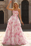 White Fuchsia Flower Strapless Basque Waist A-Line Long Prom Dress