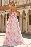 White Fuchsia Flower Strapless Basque Waist A-Line Long Prom Dress