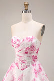 White Fuchsia Flower Strapless Basque Waist A-Line Long Prom Dress
