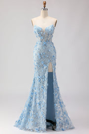 Blue Mermaid Strapless Corset 3D Flowers Sequin Long Prom Dress with Slit