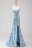 Blue Mermaid Strapless Corset 3D Flowers Sequin Long Prom Dress with Slit