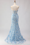 Blue Mermaid Strapless Corset 3D Flowers Sequin Long Prom Dress with Slit