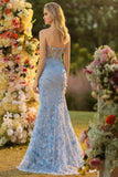 Strapless Blue Mermaid Corset 3D Flowers Sequin Long Prom Dress With Slit