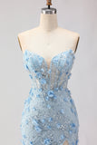 Blue Mermaid Strapless Corset 3D Flowers Sequin Long Prom Dress with Slit
