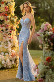 Strapless Blue Mermaid Corset 3D Flowers Sequin Long Prom Dress With Slit