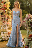 Strapless Blue Mermaid Corset 3D Flowers Sequin Long Prom Dress With Slit