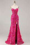 Fuchsia Mermaid Strapless Corset 3D Flowers Sequin Long Prom Dress With Slit
