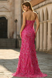 Fuchsia Mermaid Corset Strapless 3D Flowers Sequin Long Prom Dress with Slit