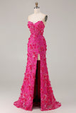 Fuchsia Mermaid Strapless Corset 3D Flowers Sequin Long Prom Dress With Slit
