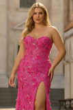 Fuchsia Mermaid Strapless Corset 3D Flowers Sequin Long Plus Size Prom Dress with Slit