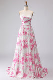 Strapless A-Line White Fuchsia Flower Printed Pleated Long Prom Dress