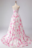 Strapless A-Line White Fuchsia Flower Printed Pleated Long Prom Dress