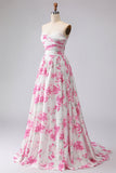 Strapless A-Line White Fuchsia Flower Printed Pleated Long Prom Dress