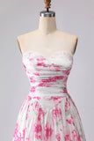 Strapless A-Line White Fuchsia Flower Printed Pleated Long Prom Dress
