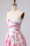 Strapless A-Line White Fuchsia Flower Printed Pleated Long Prom Dress