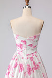Strapless A-Line White Fuchsia Flower Printed Pleated Long Prom Dress
