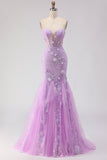 Purple Strapless Mermaid Lace Corset Long Prom Dress with Beading