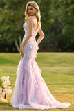 Purple Mermaid Strapless Lace Corset Long Prom Dress with 3D Flowers