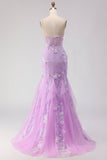 Purple Strapless Mermaid Lace Corset Long Prom Dress with Beading