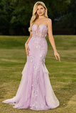 Purple Mermaid Strapless Lace Corset Long Prom Dress with 3D Flowers