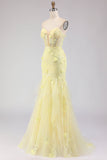 Strapless Yellow Mermaid Lace Corset Long Prom Dress with Beading
