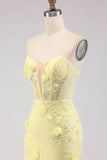 Strapless Yellow Mermaid Lace Corset Long Prom Dress with Beading