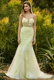 Mermaid Yellow Strapless Corset Lace Long Prom Dress with 3D Flowers
