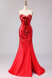 Red Strapless Mermaid Beaded Side Slit Long Prom Dress with Mirror