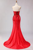 Red Strapless Mermaid Beaded Side Slit Long Prom Dress with Mirror