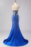 Royal Blue Mermaid Strapless Beaded Side Slit Long Prom Dress with Mirror