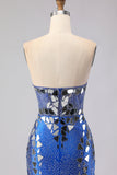 Royal Blue Mermaid Strapless Beaded Side Slit Long Prom Dress with Mirror