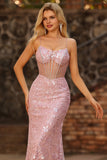 Sparkly Blush Mermaid Sheer Corset Beaded Long Prom Dress with Sequins