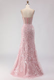Sparkly Blush Mermaid Beaded Corset Long Prom Dress with Sequins