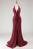Sparkly Burgundy Halter Mermaid Sequins Long Prom Dress with Slit