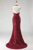 Sparkly Burgundy Halter Mermaid Sequins Long Prom Dress with Slit