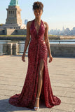 Sparkly Burgundy Mermaid Halter Sequin Long Prom Dress with Slit