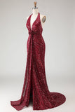 Sparkly Burgundy Halter Mermaid Sequins Long Prom Dress with Slit