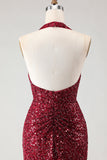 Sparkly Burgundy Halter Mermaid Sequins Long Prom Dress with Slit