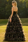 Black Strapless A-Line Tiered Ruffle Cut Out Long Prom Dress with Bows