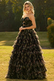 Black Strapless A-Line Tiered Ruffle Cut Out Long Prom Dress with Bows