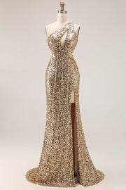 Sparkly One Shoulder Cut Out Mermaid Golden Sequin Long Prom Dress with Slit