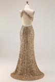 Sparkly One Shoulder Cut Out Mermaid Golden Sequin Long Prom Dress with Slit